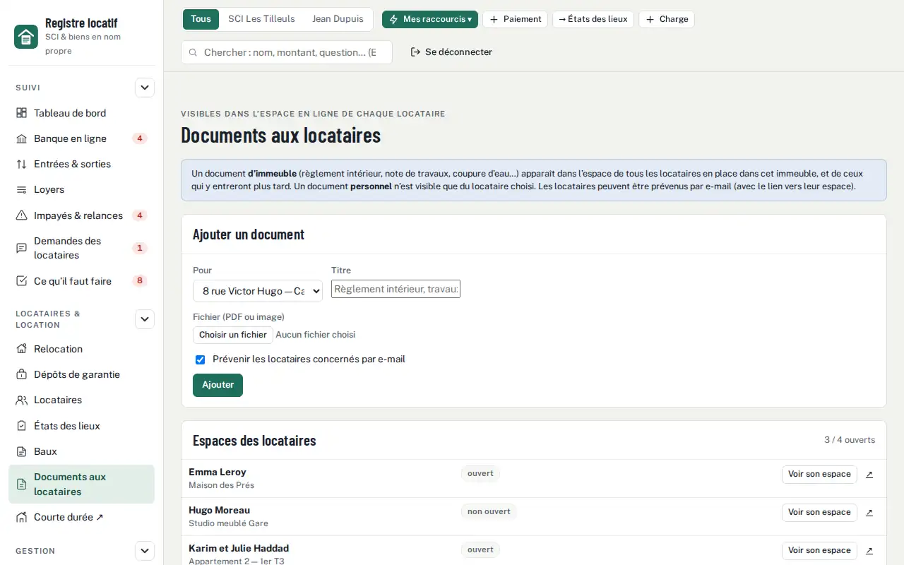 Documents aux locataires — Quittance de loyer automatique, envoyée par e-mail