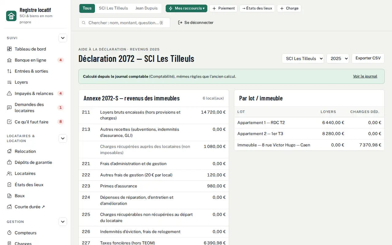 Déclarations — Déclarations 2044 et 2072 préparées depuis vos loyers