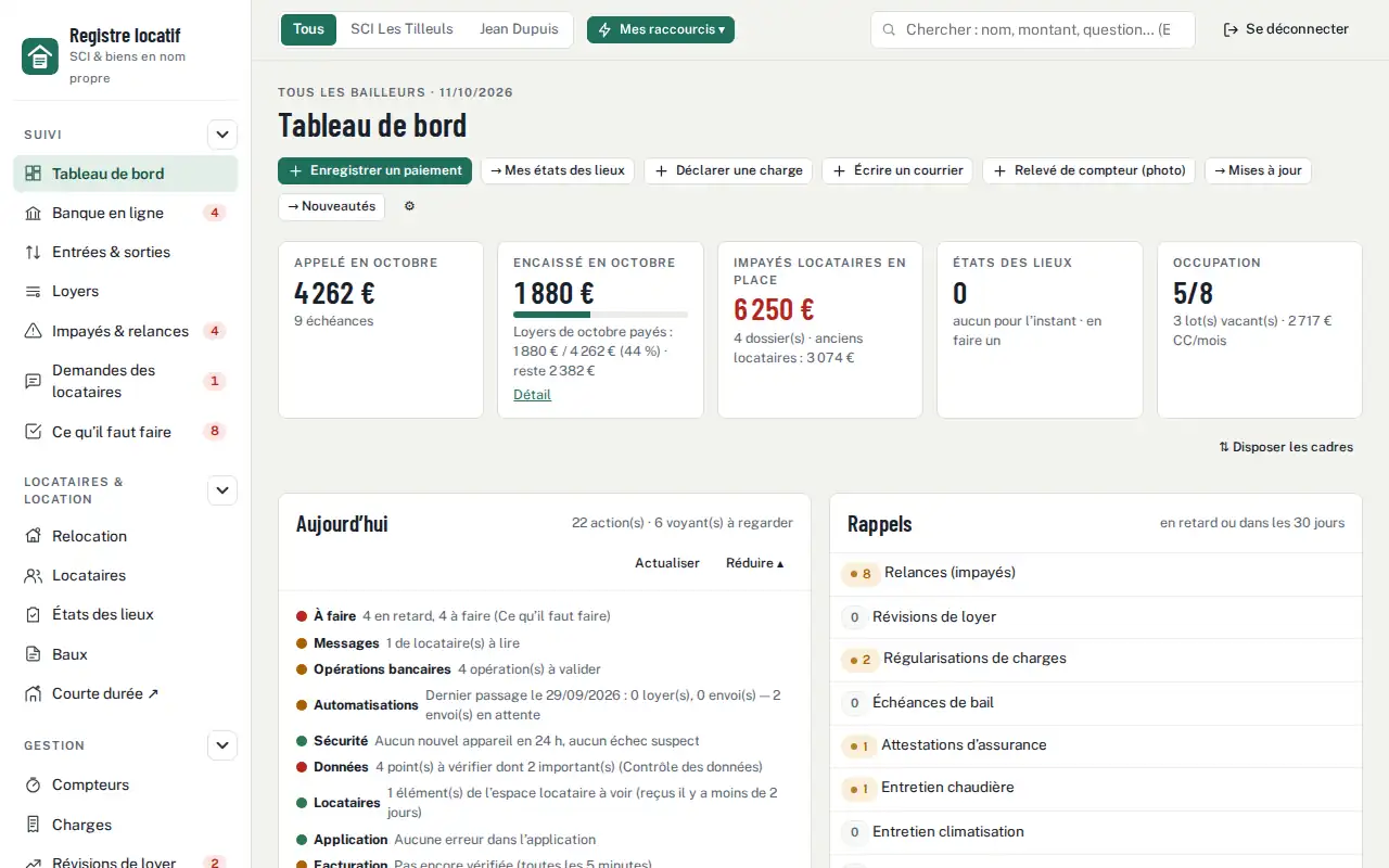 Tableau de bord — aperçu du logiciel
