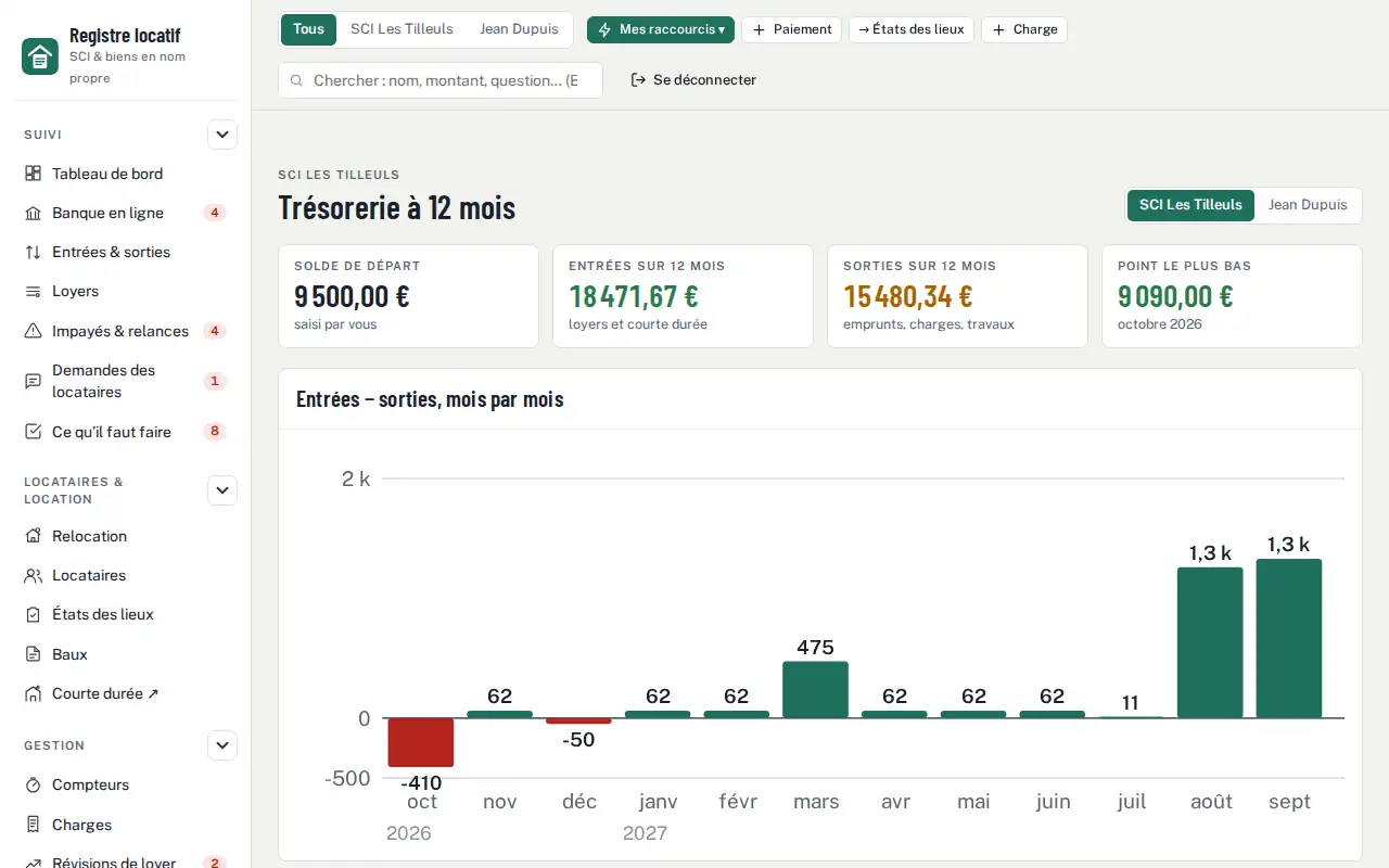 Trésorerie à 12 mois — aperçu du logiciel